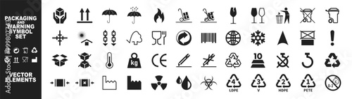 Packing symbol for cardboard boxes and warning symbols. Big set of packing symbol isolated on transparent background. Vector illustration.