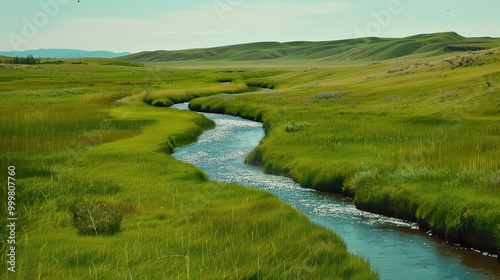 Wallpaper Mural Beautiful Grassland River and Green Grassland Background: A Serene Natural Scene. Admire the Peace and Beauty Torontodigital.ca