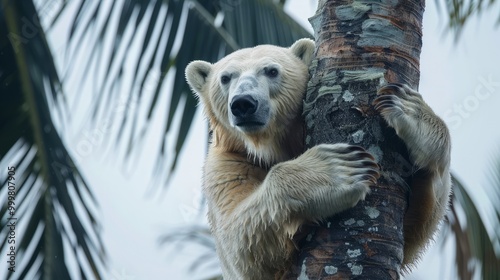 A polar bear climbing a palm in a tropical climate paints a surreal picture, indicative of the impending global warming and climate change.