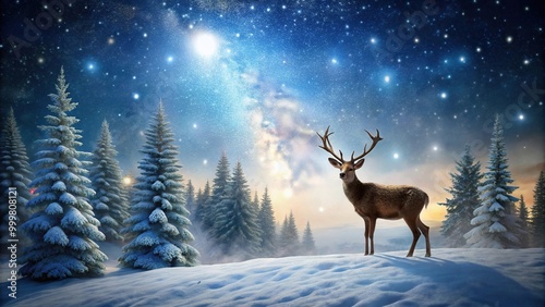 High angle snowy Christmas landscape with deer in the night