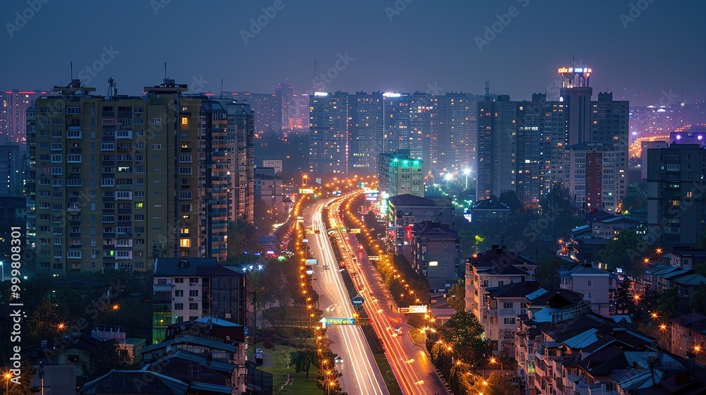 Fototapeta premium Stunning Urban Architecture Night View and Urban Landscape: A Visual Feast of City Lights. Admire the Modernity and Elegance.