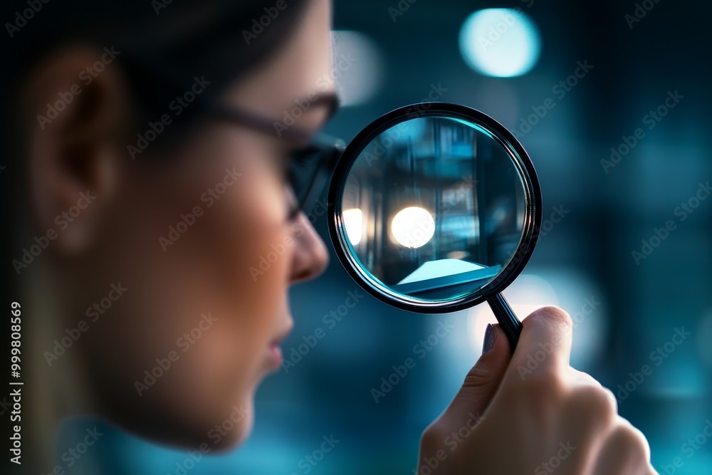 Woman examining document through magnifying glass in a modern workspace. Woman examining document through magnifying glass in a modern workspace.