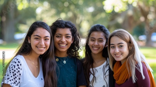 Young women from diverse ethnic backgrounds, all smiling and standing closely