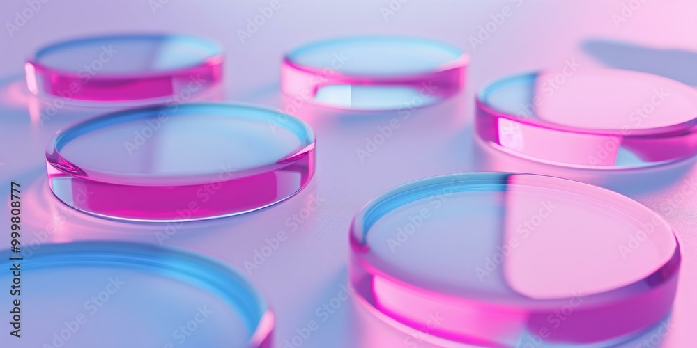 Abstract Pink and Blue Glass Discs, Neon Light Background, Product Presentation Mockup Abstract Pink and Blue Glass Discs, Neon Light Background, Product Presentation Mockup