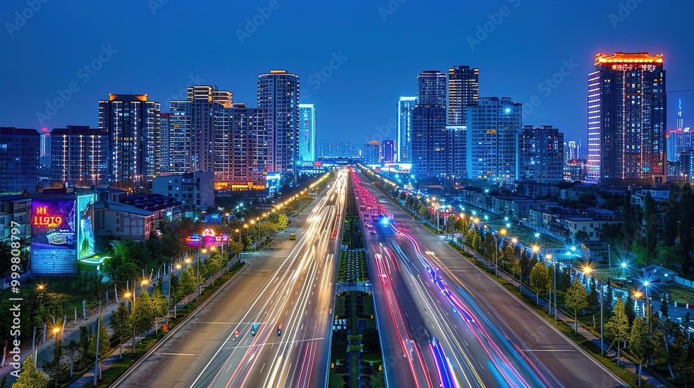 Obraz premium Stunning Urban Architecture Night View and Urban Landscape: A Visual Feast of City Lights. Admire the Modernity and Elegance.