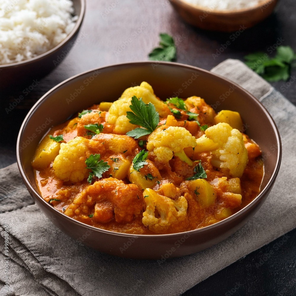Mixed indian vegetable curry, plant based bowl. Cauliflower and potato, peas along with rice Mixed indian vegetable curry, plant based bowl. Cauliflower and potato, peas along with rice