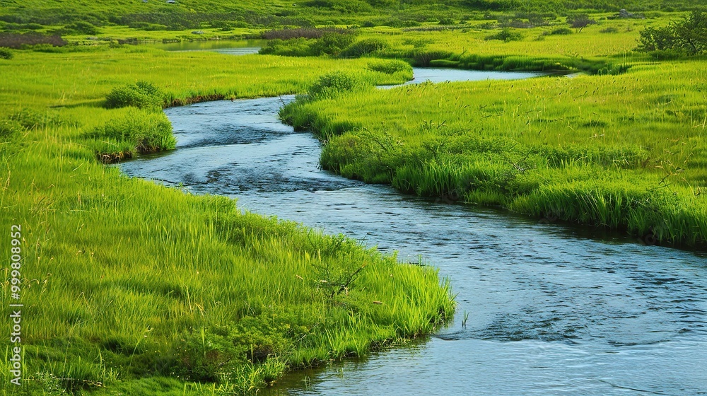 Beautiful Grassland River and Green Grassland Background: A Serene Natural Scene. Admire the Peace and Beauty Beautiful Grassland River and Green Grassland Background: A Serene Natural Scene. Admire the Peace and Beauty