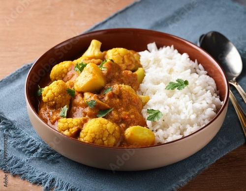 Mixed indian vegetable curry, plant based bowl. Cauliflower and potato, peas along with rice