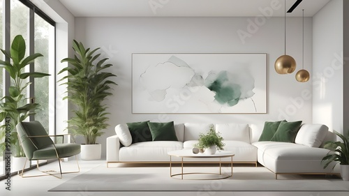 Modern Comfort: White Sofa and Greenery Creating a Cozy and Minimalist Living Room Vibe.
