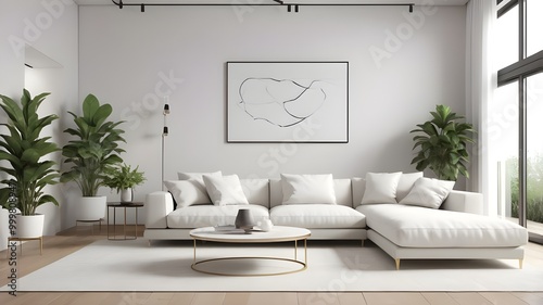 Serene Simplicity: A White Sofa with Greenery in a Modern Minimalist Living Room.

