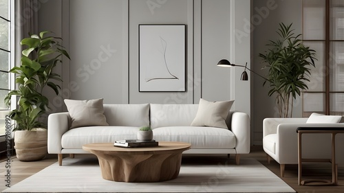 Serene Simplicity: A White Sofa with Greenery in a Modern Minimalist Living Room.

