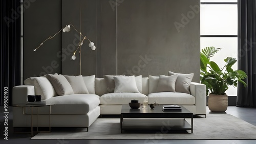 Modern Simplicity: A Cozy Minimalist Living Room with White Sofa and Natural Accent