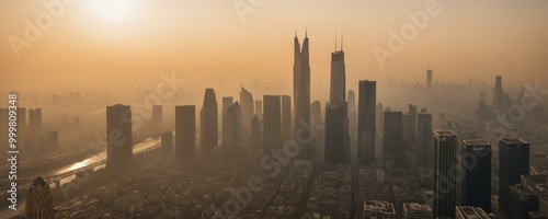 Smoggy Sunset over Shanghai Skyline: Dramatic Cityscape