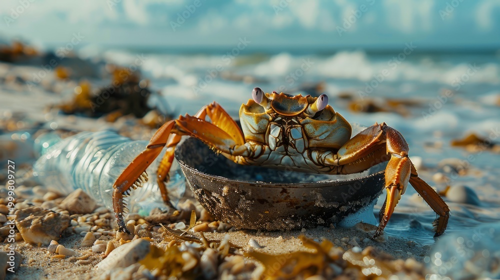 Enclosed in a fortress of trash, a crab depicts the stark reality of pollution's toll on marine life. Enclosed in a fortress of trash, a crab depicts the stark reality of pollution's toll on marine life.