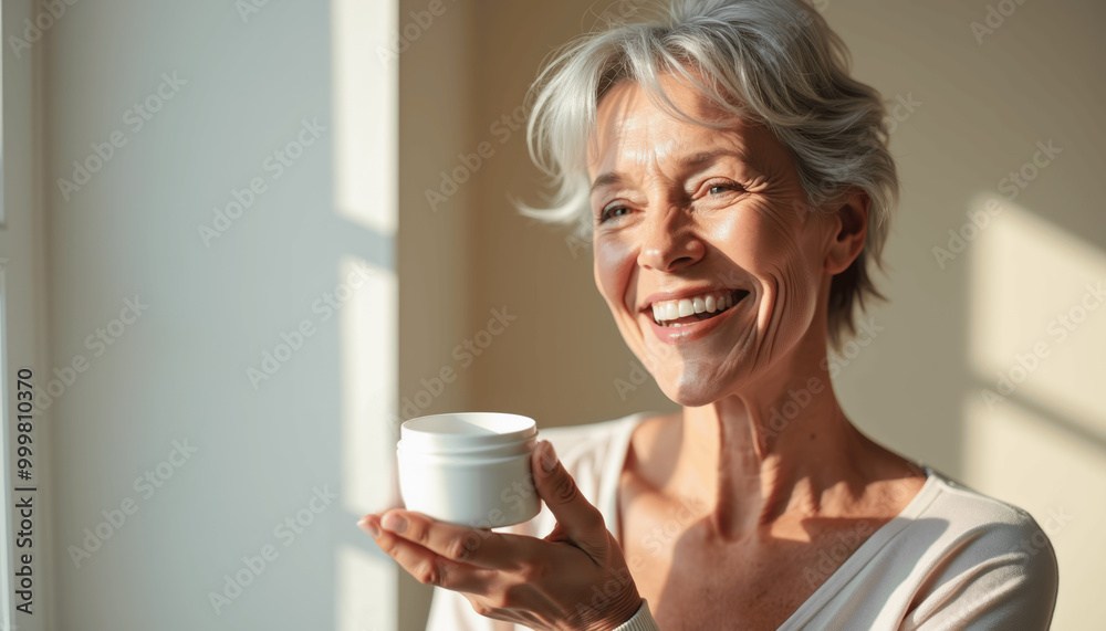 Happy Mature Woman Holding Cream Jar, Skincare, Beauty, Anti-Aging Happy Mature Woman Holding Cream Jar, Skincare, Beauty, Anti-Aging
