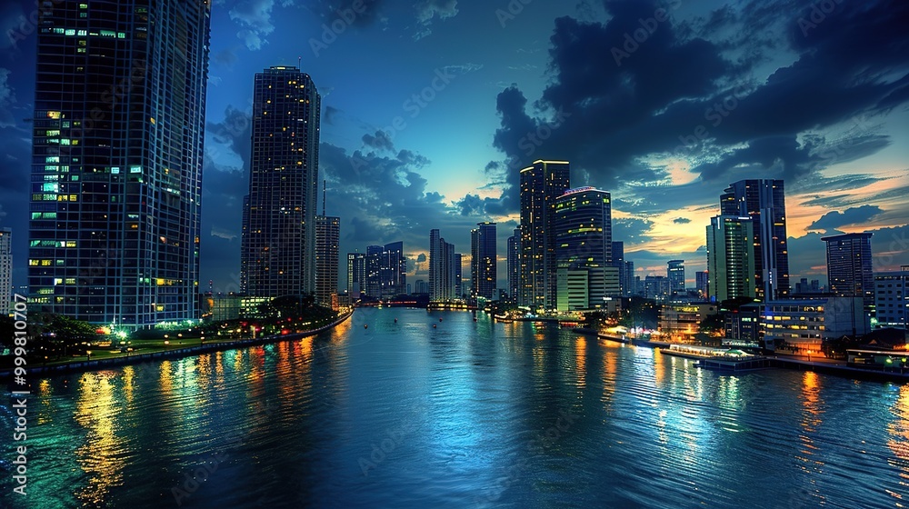 Obraz premium Stunning Urban Architecture Night View and Urban Landscape: A Visual Feast of City Lights. Admire the Modernity and Elegance.