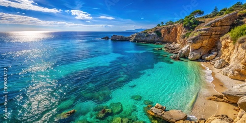 Rocky cliffside beach overlooking beautiful blue water, rocky, cliffside, beach, blue water, ocean, waves, serene