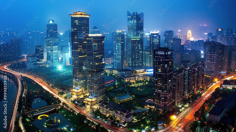 Fototapeta premium Stunning Urban Architecture Night View and Urban Landscape: A Visual Feast of City Lights. Admire the Modernity and Elegance.