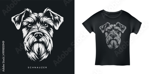 Schnauzer terrier head t-shirt design. Monochrome dog face on black background. Vector vintage style illustration.