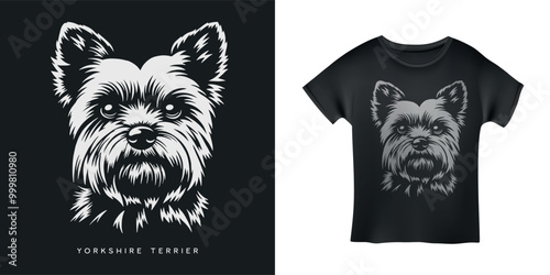 Yorkshire terrier head t-shirt design. Monochrome dog face on black background. Vector vintage style illustration.