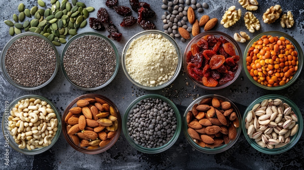 Fototapeta premium Assortment of healthy ingredients in bowls, including nuts, seeds, dried fruits, and grains.
