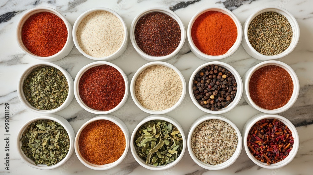 Variety of Spices in White Bowls Variety of Spices in White Bowls