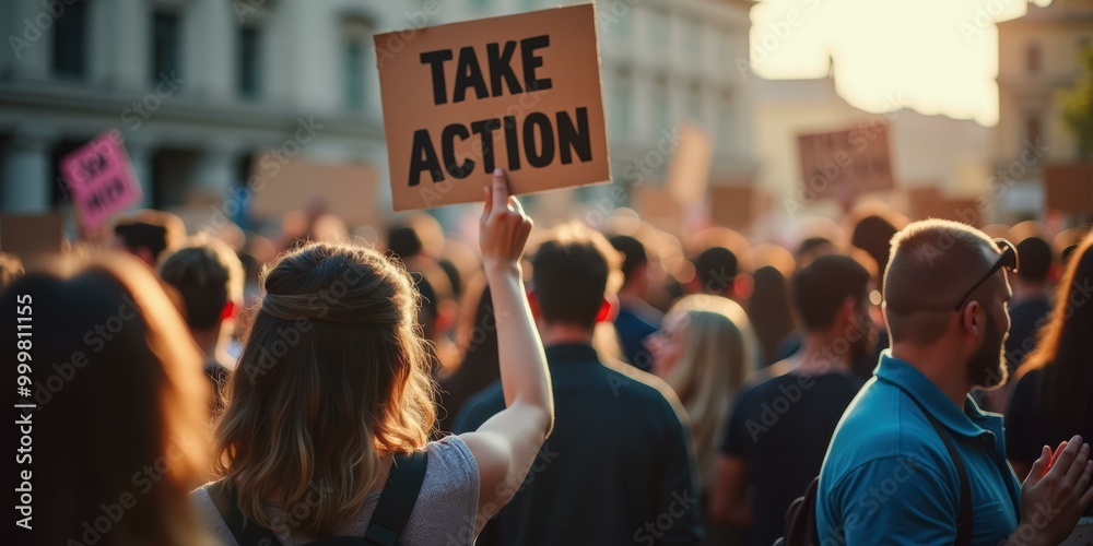 Fototapeta premium Take Action: Protest Crowd at Sunset, Social Movement, Demonstration
