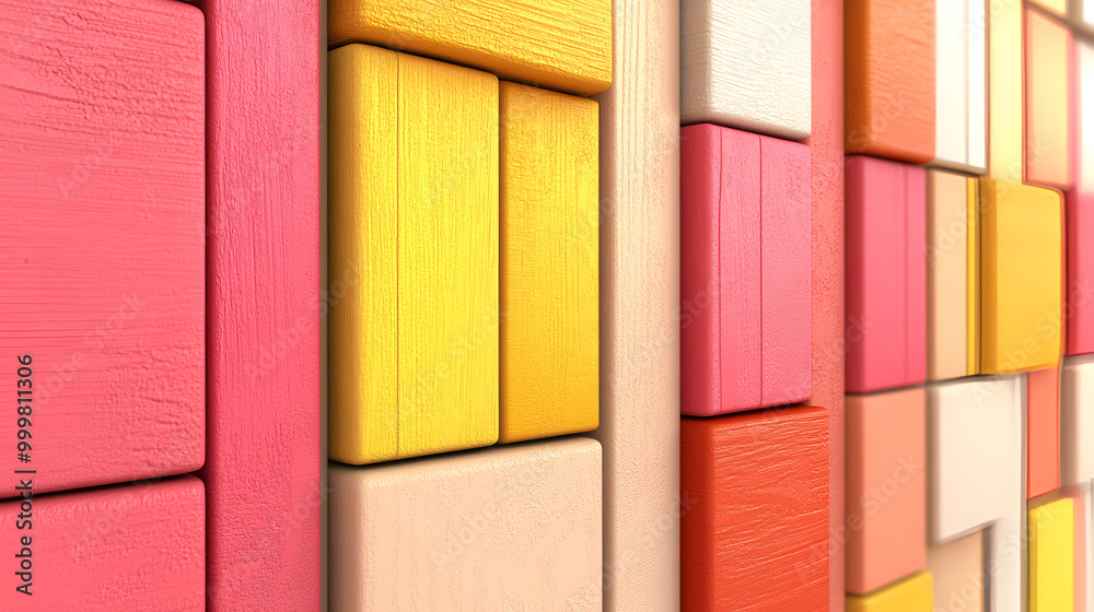 Colorful wooden blocks arranged in a vibrant pattern on a wall at a creative space Colorful wooden blocks arranged in a vibrant pattern on a wall at a creative space