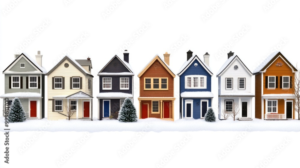 A whimsical tilt-shift view of miniature Christmas houses and trees nestled in a winter wonderland on a soft white background A whimsical tilt-shift view of miniature Christmas houses and trees nestled in a winter wonderland on a soft white background