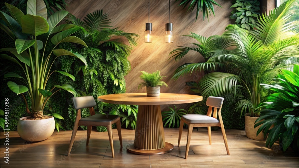 Fototapeta premium Cozy tropical-style room with wooden round table, green leaves, soft lighting, and natural decor , cozy