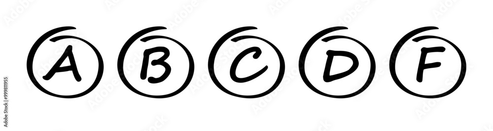 Hand drawn school grading system icon set. Isolated black test results letters or educational grades symbols on white background. Academic rating A, B, C, D, F. Vector illustration.