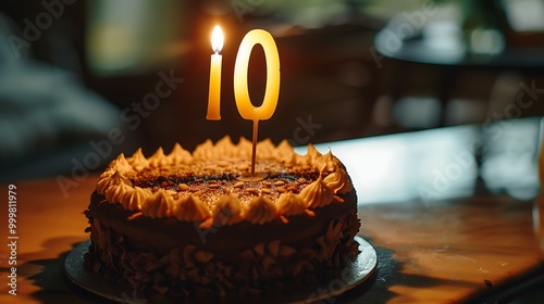 Birthday candle as number one hundred on top of sweet cake on the table 100th birthday photo