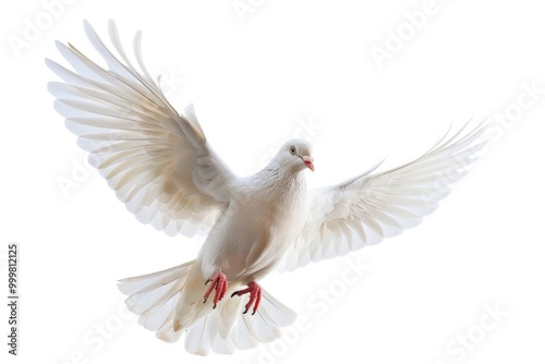 A white dove soaring through the air with its wings spread wide