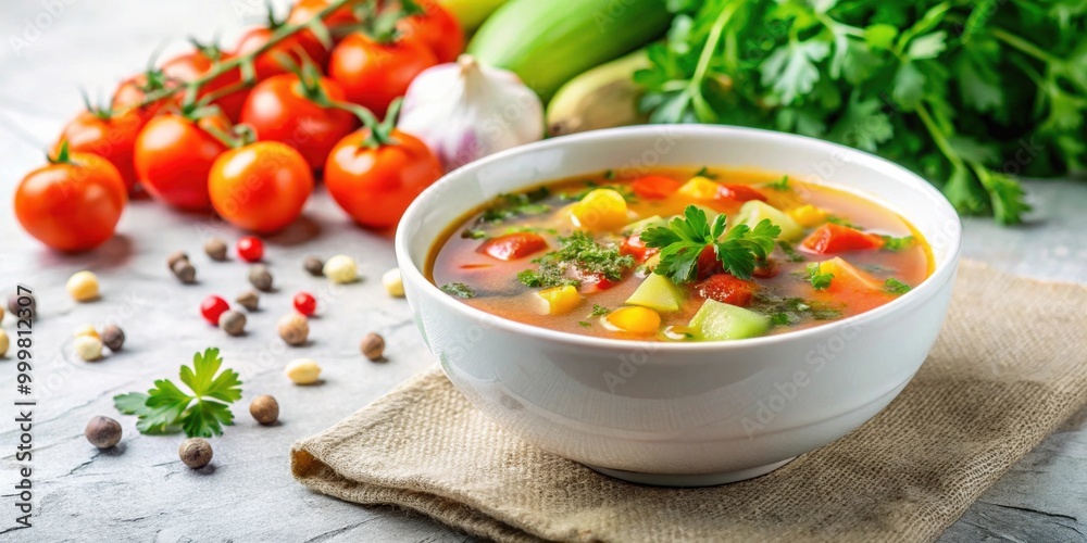 Fresh vegetable soup with herbs in a bowl on a light background , vegetables, soup, fresh, herbs, healthy, organic, vegetarian Fresh vegetable soup with herbs in a bowl on a light background , vegetables, soup, fresh, herbs, healthy, organic, vegetarian