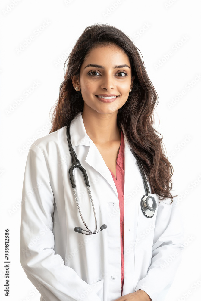 young Indian female doctor standing on white background young Indian female doctor standing on white background