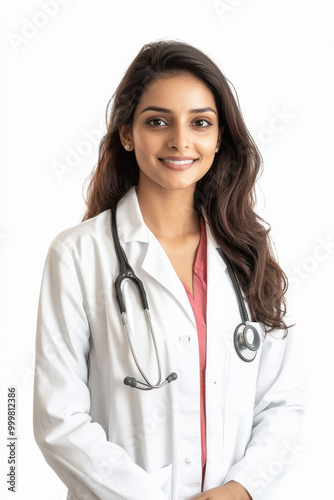 young Indian female doctor standing on white background