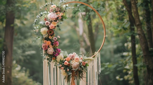 Boho styled arch for a wedding ceremony decorated with flowers close up wooden round arch decorated with flowers