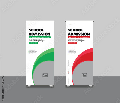 Modern Back to School Admission Roll-up Banner Template, School Admission Roll-up Banner Designs, and Stand banners for Colleges, Universities, and Coaching Centers