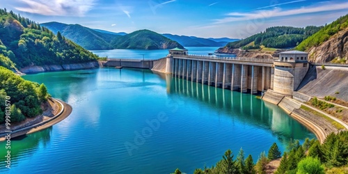 A stunning blue lake set against a dam with a hydroelectric power station in the background, blue lake