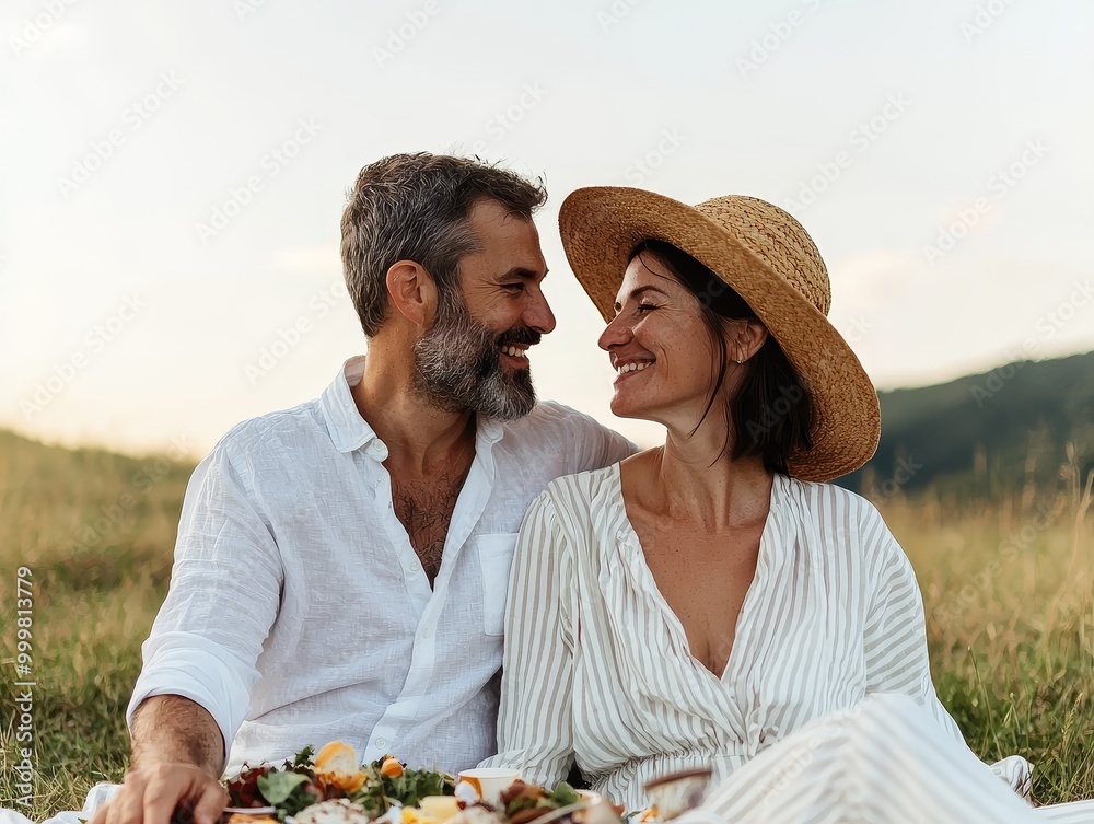 Couple enjoying picnic in the field at sunset, joyful and relaxed atmosphere. Couple enjoying picnic in the field at sunset, joyful and relaxed atmosphere.