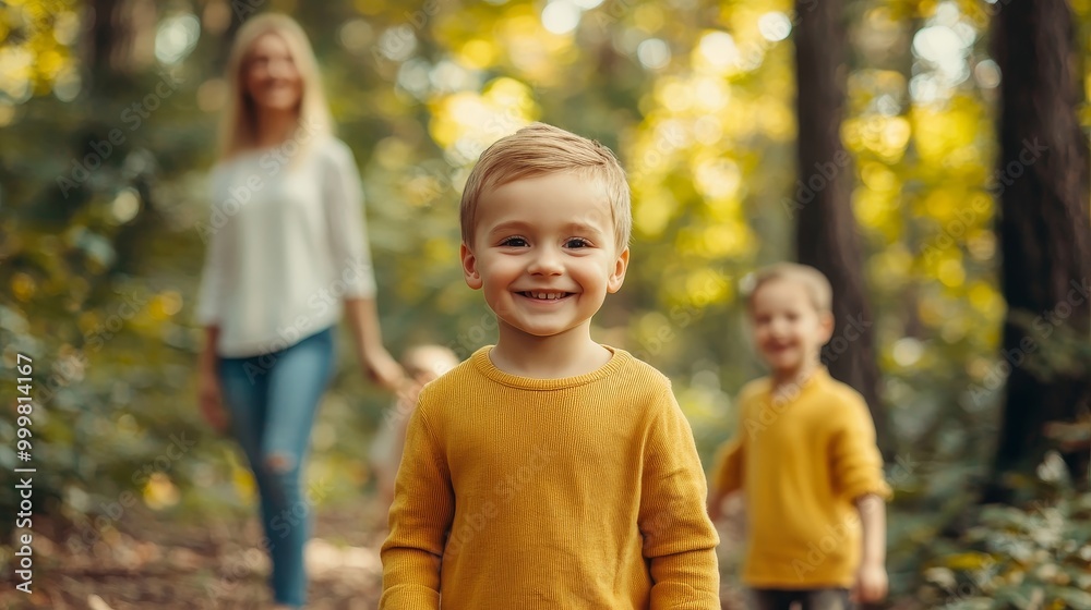 Happy children playing outdoors with a mother in a beautiful forest setting. Happy children playing outdoors with a mother in a beautiful forest setting.