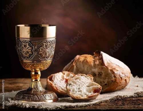 Easter Communion Still life with chalice of wine and bread