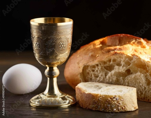 Easter Communion Still life with chalice of wine and bread