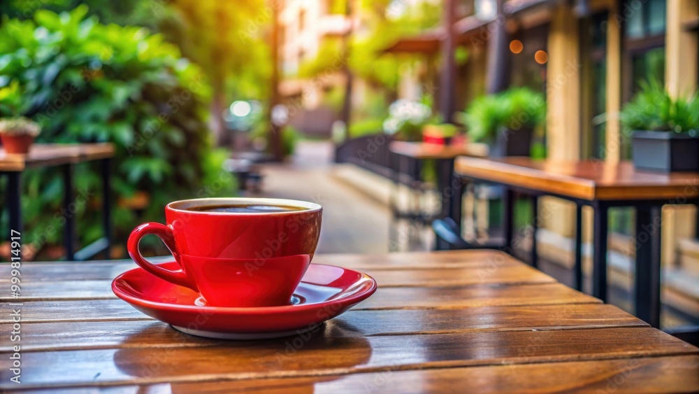 Red cup of black coffee on a cafe terrace, cafe, terrace, coffee, drink, relax, outdoor, morning, beverage, hot, aroma Red cup of black coffee on a cafe terrace, cafe, terrace, coffee, drink, relax, outdoor, morning, beverage, hot, aroma