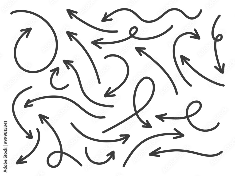 Hand drawn arrows collection Set simple flat arrows isolated on white background. Arrow mark icons and arrow paint. Stock vector. EPS10.