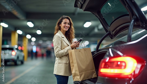Happy woman packing her paper bags into car trunk while standing in underground parking lot of shopping mall