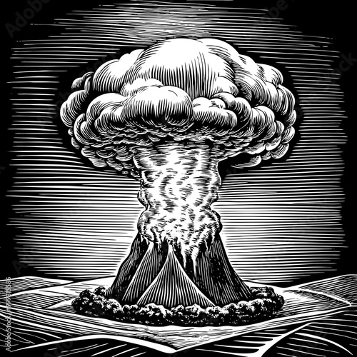 Nuclear explosion, in line design. Nuclear, Explosion, Blast, Bomb, Detonation, Radiation, Mushroom on white background vector. Nuclear explosion editable stroke icon.