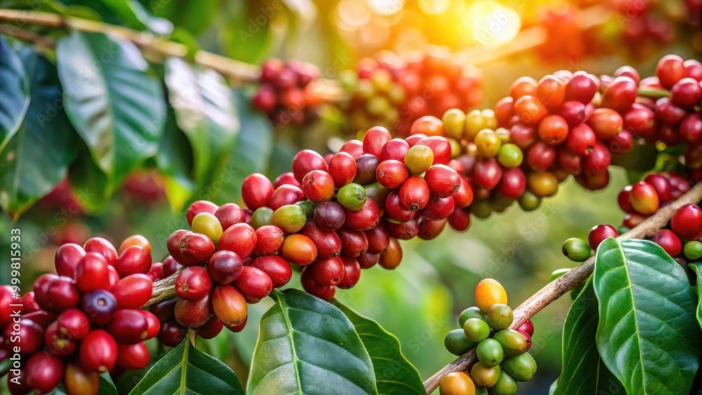 Branch of a tree filled with ripe coffee fruits , coffee, agriculture, harvest, plant, nature, farming, growth, organic Branch of a tree filled with ripe coffee fruits , coffee, agriculture, harvest, plant, nature, farming, growth, organic