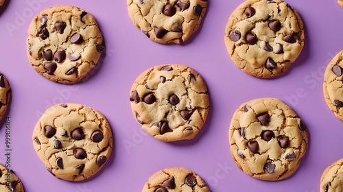 Chocolate chip cookies on purple background