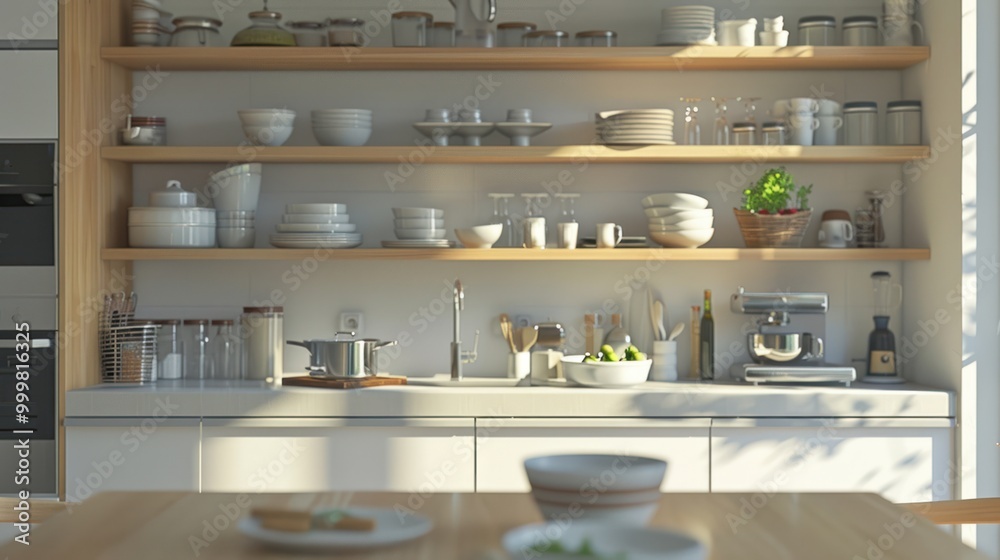 Modern Kitchen with Wooden Shelves Modern Kitchen with Wooden Shelves